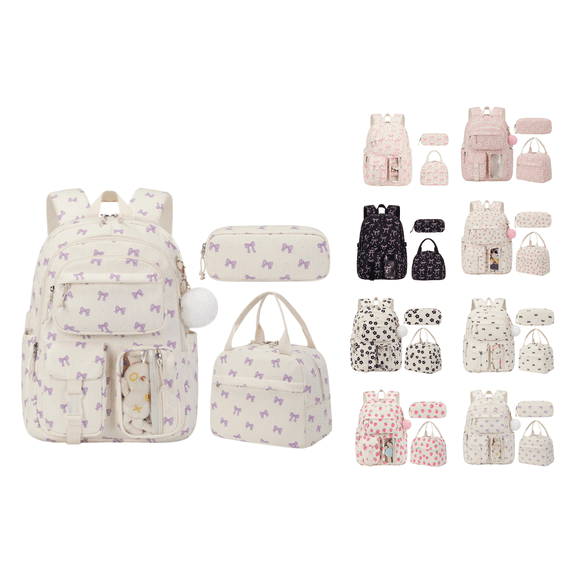 Sweet Strawberry Corduroy Backpack Set, Soft Textured Casual Daypack Three-Piece Set With Hand Carry Lunch Bag And Rectangular Pencil Pouch, Great As Birthday Gift For Relatives And Close Friends C