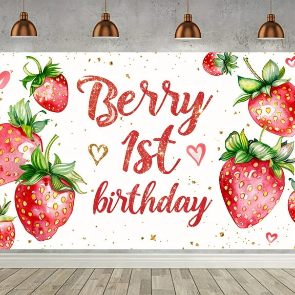 Sweet Strawberry Happy 1st Birthday Backdrop Berry First Birthday Party Decorations Banner Strawberry Photography Background Strawberry Theme Berry First Birthday Party Supplies