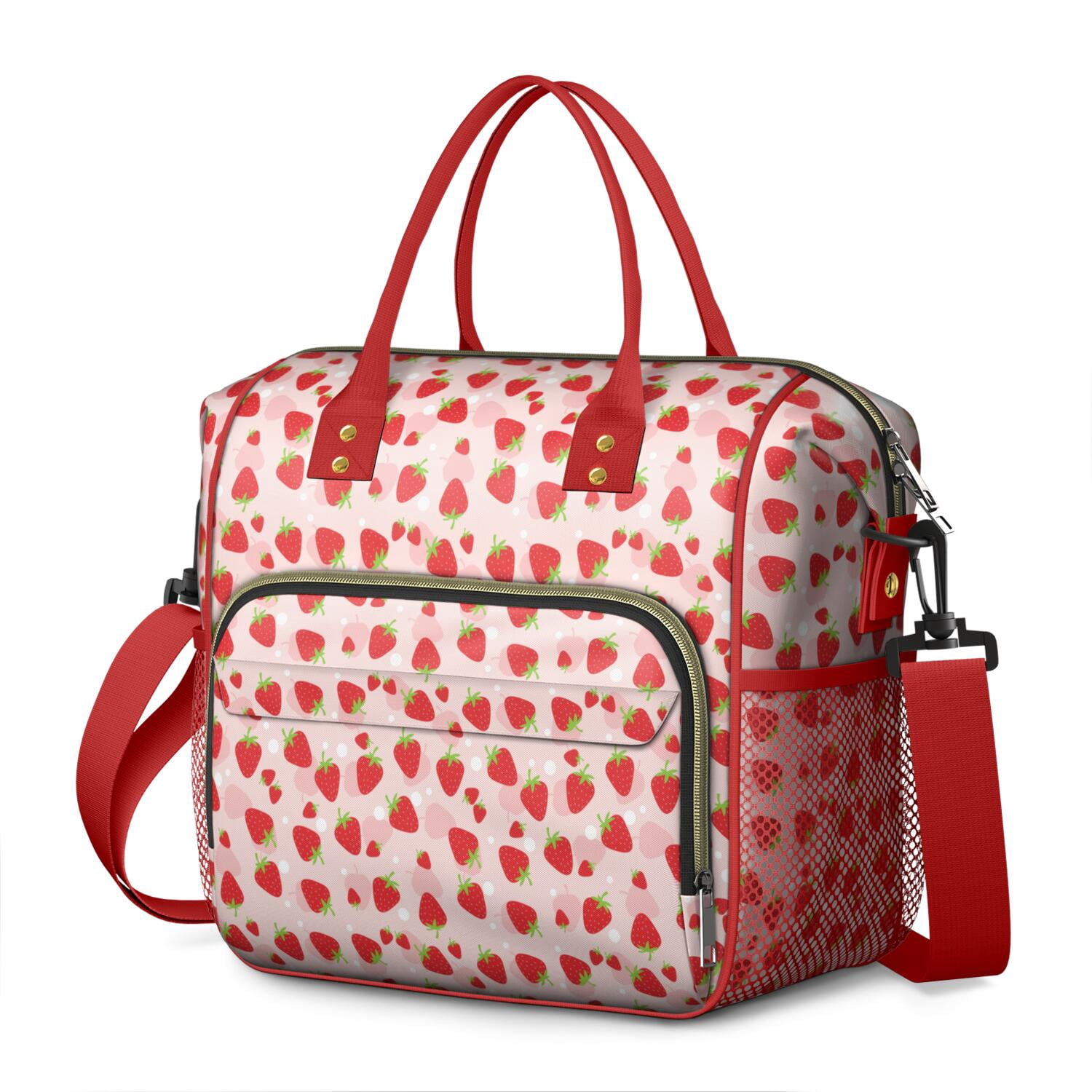 Sweet Strawberry Large Cooler Bag - Leakproof Insulated Lunch Tote with Multi-Pocket, Durable Handles for Office, Travel (Fresh Berry & Flower Pattern)