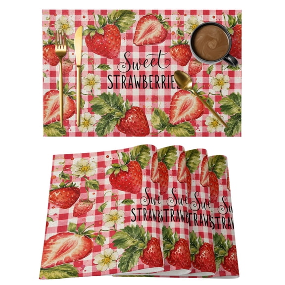 Sweet Strawberry Placemats Set of 4 Summer Fruit Flower Red Plaid Place Mats Table Mats Kitchen Dining Home Outdoor Party Table Decoration