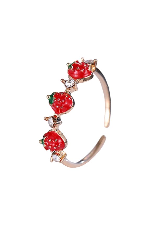Sweet Strawberry Shaped Cubic Zirconia Rings Polished Metal Adjustable Size Perfect For Layering Casual Outfits Or Special Event