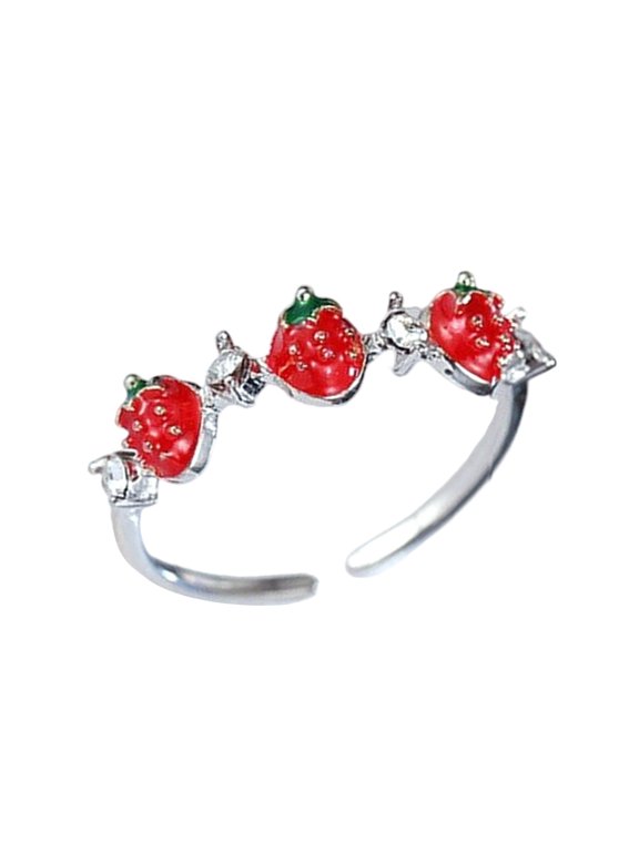 Sweet Strawberry Shaped Cubic Zirconia Rings Polished Metal Adjustable Size Perfect For Layering Casual Outfits Or Special Event