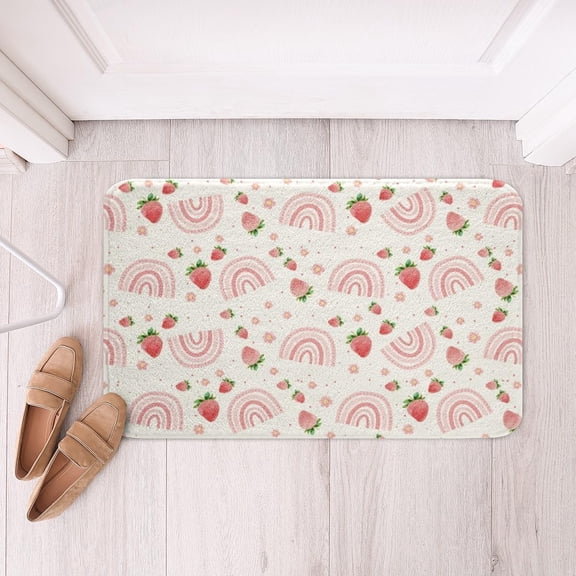 Sweet Strawberry Soft Fleece Door Carpet Pink Rainbow Polyester Bath Rug Cute Flower Non Slip Bath Mat Kawaii Theme Bathroom Floor Indoor Doormat,16x24 Inch