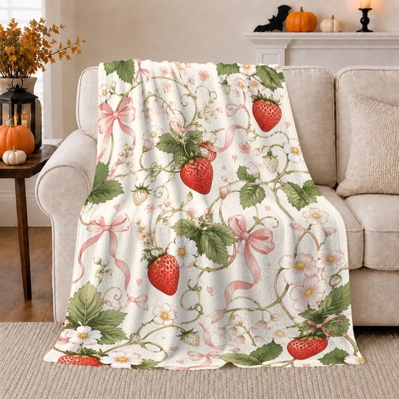 Sweet Strawberry Vine, Rustic Botanical Portrait, Warm Flannel Blanket for Sunroom and Reading Nook with Detailed Artwork, Animal Lovers Thanksgiving Gift, Rustic Home Decor