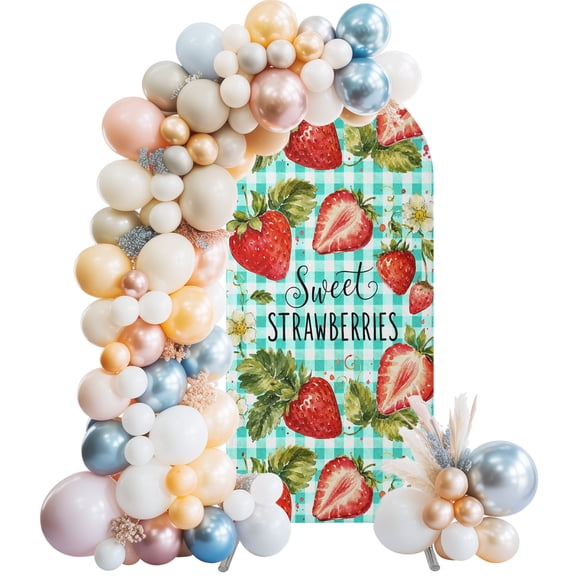 Sweet Strawberry Wedding Arch Cover, Stretchy Spandex Arch Backdrop Stand Covers 4 FT, Summer Fruits Botanical Teal Plaid Round Top Arched Backdrop Cover for Birthday Party Ceremony Baby Shower Event