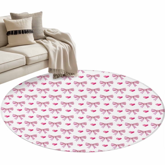Sweet Stripe Bows Area Rug, Pink Bow Heart Pink Theme Washable Large Circle Carpet, Non Slip Round Rug for Living Room/Bedroom/Dining Room/Home Office/Dorm