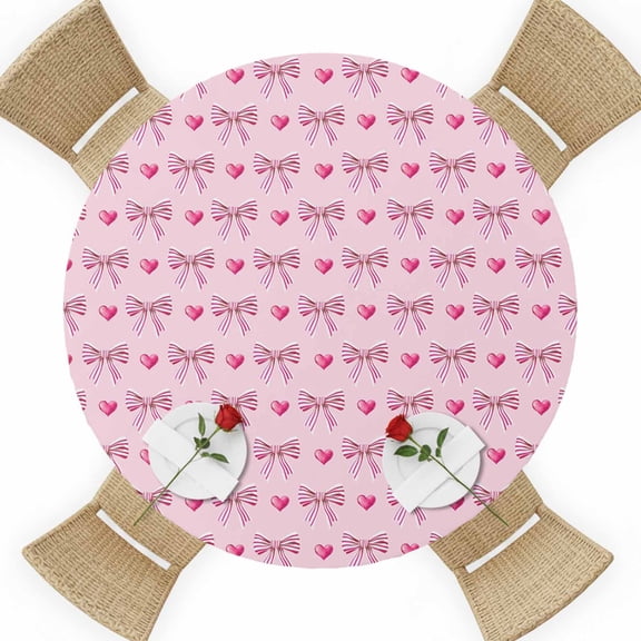Sweet Stripe Bows Round Table Cover, Love Cute Bow Pink Theme Waterproof Fitted Tablecloths for 36"-44" Tables, Washable Picnic Table Cover for Camping Dining Indoor Outdoor