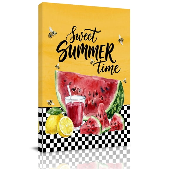 Sweet Summer Canvas Wall Art for Living Room, Watermelon Juice Bee Lemon Black White Plaid Yellow Poster Print Painting for Bedroom Office Home Decoration Wall Pictures Prepare To Hang 22"x28"