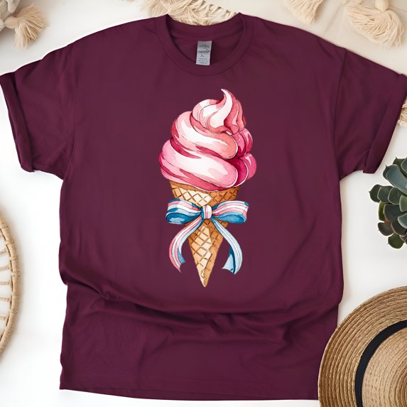 Sweet Summer Ice Cream Shirt – Cute Cone Design with Bow for Women & Girls, Maroon, Size M