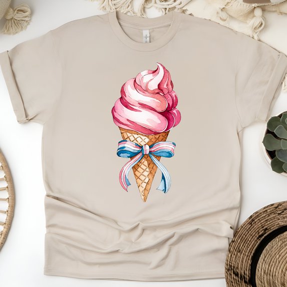 Sweet Summer Ice Cream Shirt – Cute Cone Design with Bow for Women & Girls, Sand, Size S