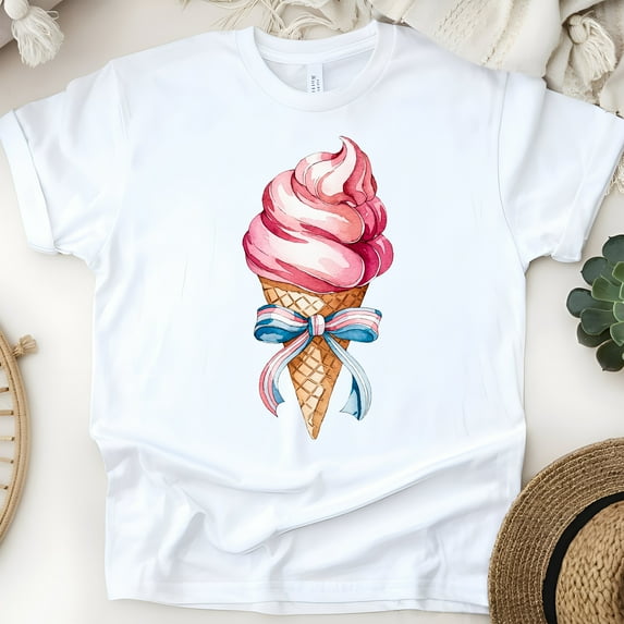 Sweet Summer Ice Cream Shirt – Cute Cone Design with Bow for Women & Girls, White, Size S