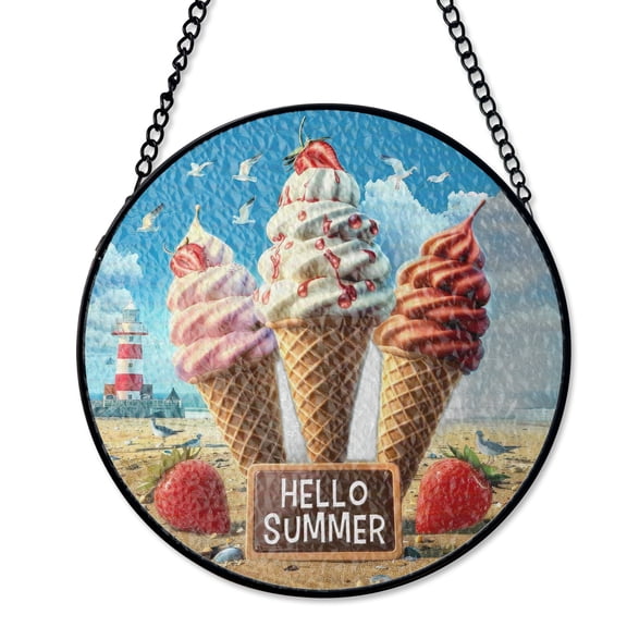 Sweet Summer Ice Cream Suncatcher Stained Glass UV Printed Glass Dessert Shop Decor Round