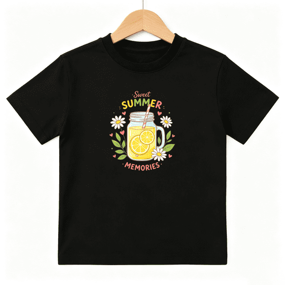 Sweet Summer Lemonade Girls Graphic Tee, Cute Mason Jar Flower 100% Cotton Kids Short Sleeve T-Shirt