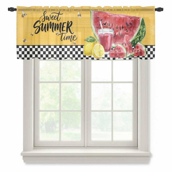 Sweet Summer Sheer Valances for Windows, Watermelon Juice Bee Lemon Black White Plaid Yellow Semi Sheer Kitchen Valance Rod Pocket Small Voile Window Curtains for Living Room Bedroom 42 x 12 Inch