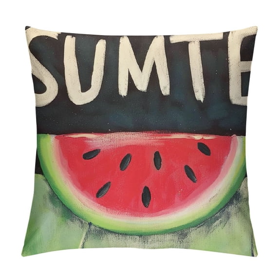 Sweet Summer Time Decorative Throw Pillow Cover, Red Watermelon Sign Cushion Case Seasonal Rustic Home Decorations, Green Farmhouse Square Pillowcases Cotton Linen Decor for Sofa Couch