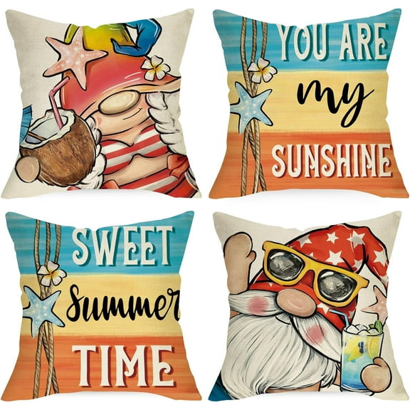 Sweet Summer Time Gnome Decorative Throw Pillow Covers 18 x 18 Set of 4, You are My Sunshine Beach Coastal Cushion Case Decor, Stripes Nautical Seasonal Home Decoration for Sofa Couch