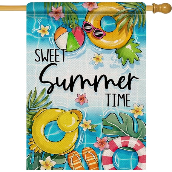 Sweet Summer Time Pool Large Decorative House Flag, Duck Swim Ring Ball Tropical Palm Leaves Yard Garden Outside Decor, Flip Flops Seasonal Burlap Outdoor Home Decoration Double Sided 28 x 40