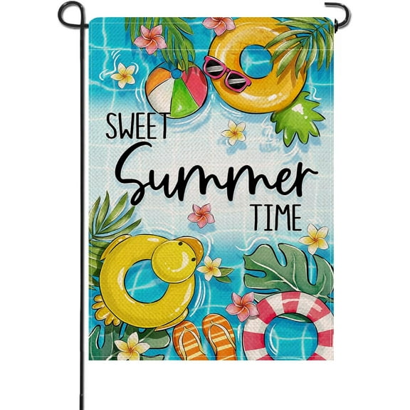 Sweet Summer Time Pool Small Decorative Garden Flag, Duck Swim Ring Ball Tropical Palm Leaves Yard Lawn Outside Decor, Flip Flops Seasonal Burlap Outdoor Home Decoration Double Sided 12.5 x 18
