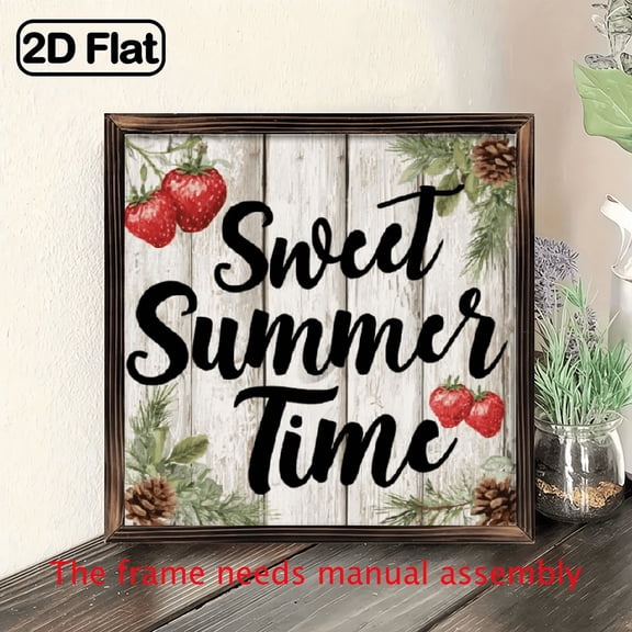 Sweet Summer Time Rustic Wooden Wall Art 8x8 Inch Farmhouse Sign with Strawberry Pine Cone Accents, Distressed White Background, Perfect for Entryway, Bedroom, Kitchen Decor, Housewarming Gift