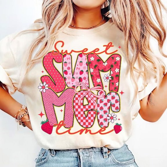 Sweet Summer Time T-Shirt, Coquette Summer Shirt, Checkered Summer Tee, Strawberry Summer Shirt, Retro Beach Summer Vibes T-Shirt