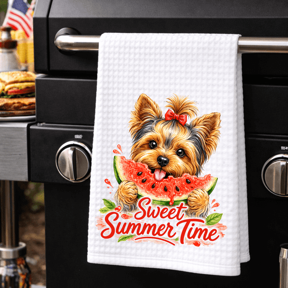 Sweet Summer Time Yorkie Watermelon Waffle Kitchen Towel 16x24 Summer Dog Motif Decorative Dish Drying Cloth
