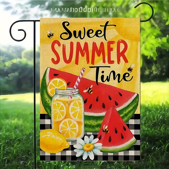 Sweet Summer Watermelon Garden Flag - Double-Sided Design, Durable Polyester, Perfect for Beach and Yard Decor, Features Mason Jar Design with Vibrant Bees and Green Watermelon Slices