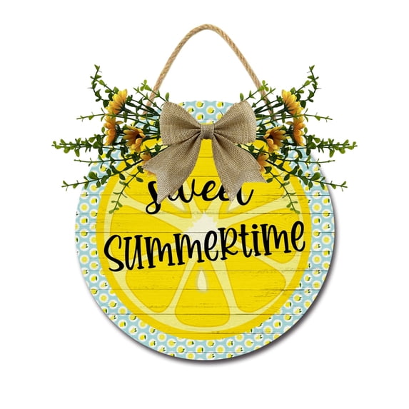 Sweet Summertime Door Sign Home Decor Round Wood Wreaths Wall Hanging Sign Farmhouse Porch Sign Front Door Decoration for Housewarming Gift All Seasons Holiday,11In