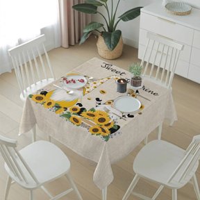 Sweet Sunshine Words Gnomes Table Cloth 60x60in, Waterproof Square Tablecloth Wipeable Tablecloths Farm Sunflowers on Linen Table Covers for Dining Tables Party Indoor Outdoor