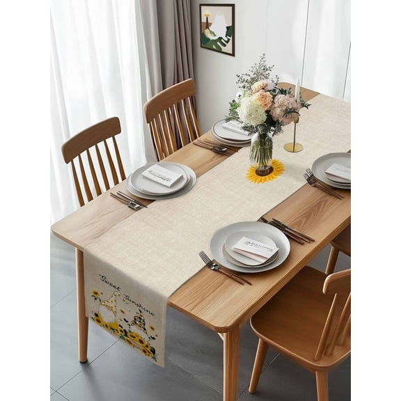 Sweet Sunshine Words Gnomes Table Runner 13x70in Non-Slip Cotton Linen Table Runners, Farm Sunflowers on Linen Dresser Scarves TableRunner for Dinner Kitchen Dining Wedding Party