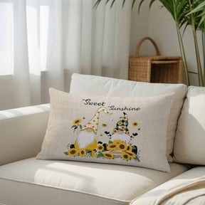 Sweet Sunshine Words Gnomes Throw Pillow Covers, Decorative Pillow Covers With Hidden Zipper Soft Brushed Microfiber Fabric, Farm Sunflowers on Linen Pillowcases for Couch Bed Sofa Couch 12x20in