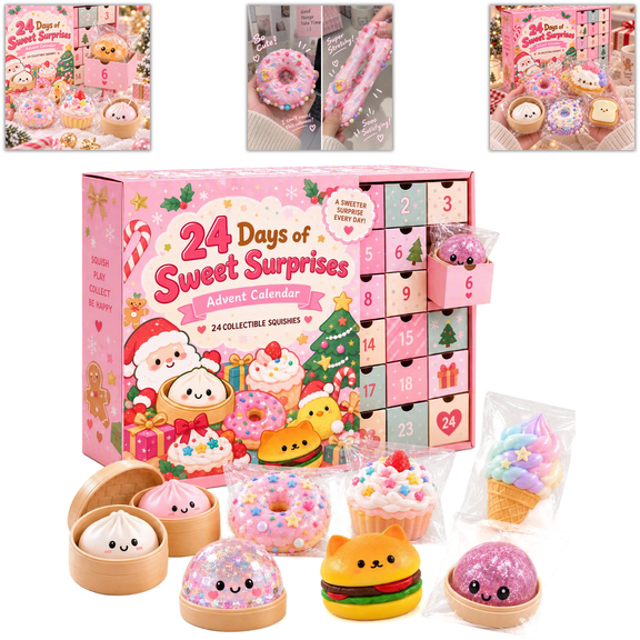Sweet Surprises Christmas Advent Calendar 2026, 24 Pack Dessert Dumpling Squishy Toys Mystery Countdown Gift Set with Food Fidget Toys for Birthdays and Stocking Stuffers