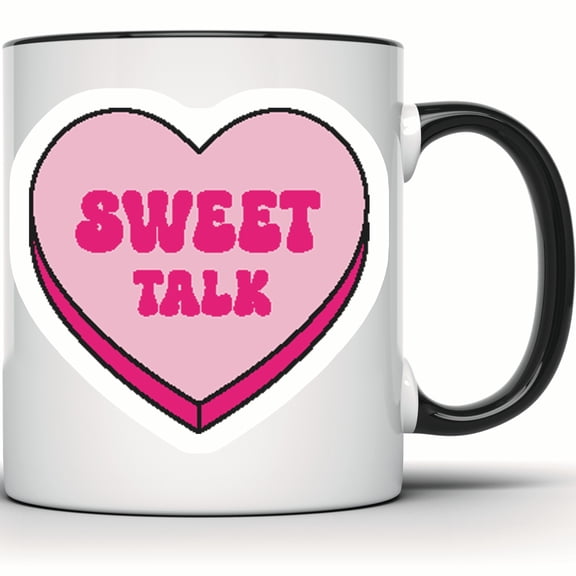 Sweet Talk Heart Candy Mug - Valentines Day Pink Aesthetic Coffee Tea Mug - Love Gift for Her or Him - Trendy and Cute! - 11 Ounce Black Rim Handle Novelty Coffee Cup - WMUG0544-Black Rim