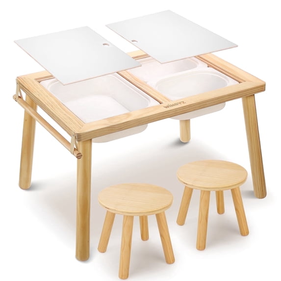 Sweet Time Toddler Sensory Table Chairs, Wood Kids Activity Table with Storage Play Study Furniture