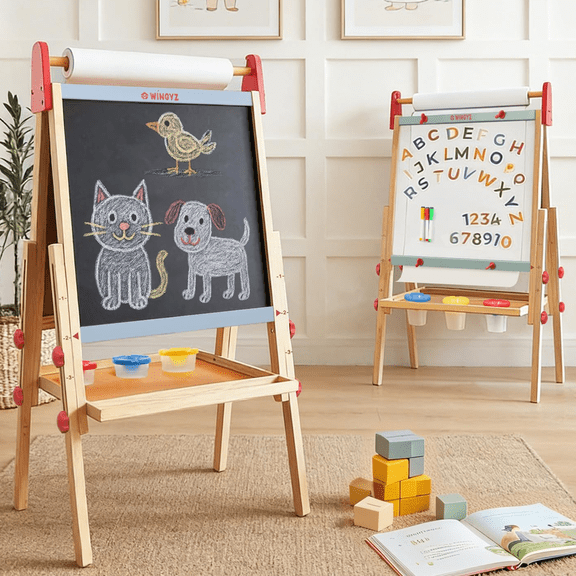 Kids Easel with Paper Roll, 3-in-1 Art Easel Adjustable Magnetic Whiteboard Chalkboard Drawing Board Wooden Children Art Stand for 3~12 Years