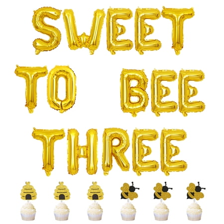 Sweet To Bee Three 3rd Birthday Party Decorations for Kids,SWEET TO BEE THREE Foil Banner with Big Bee Foil Balloons and Cupcake Toppers for Boys Girls 3 Years Old Birthday Party Decoration Supplies