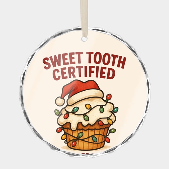 Sweet Tooth, Candy, Sweets Cupcake Lover Quote Phrase Expression Crystal Glass Christmas Ornament, 3 Flat Round Beveled-Edge Disc (0.23 Thick) Xmas Holiday Gift