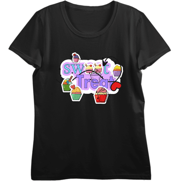 "Sweet Treats" Cupcake Stickers Women's Black Crew Neck Short Sleeve Top-Small
