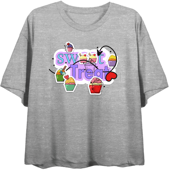 "Sweet Treats" Cupcake Stickers Women's Heather Gray Crew Neck Short Sleeve Top-Medium