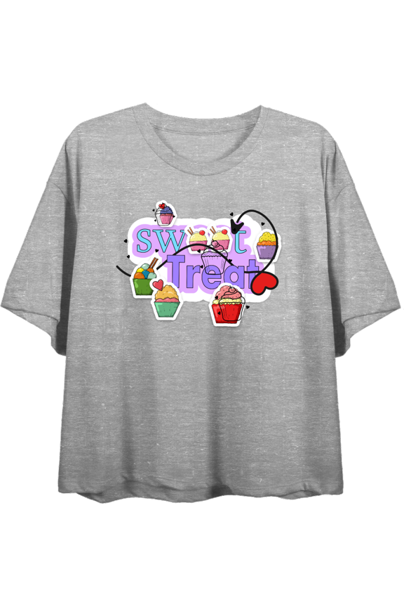"Sweet Treats" Cupcake Stickers Women's Heather Gray Crew Neck Short Sleeve Top-XS