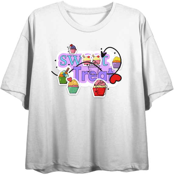 "Sweet Treats" Cupcake Stickers Women's White Crew Neck Short Sleeve Top-XXL