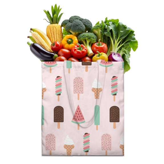 Sweet Treats Ice Cream Dessert Canvas Tote – Colorful Food Pattern Reusable Shopping Bag, Lightweight Foldable Eco-Friendly Canvas Bag for School or Beach