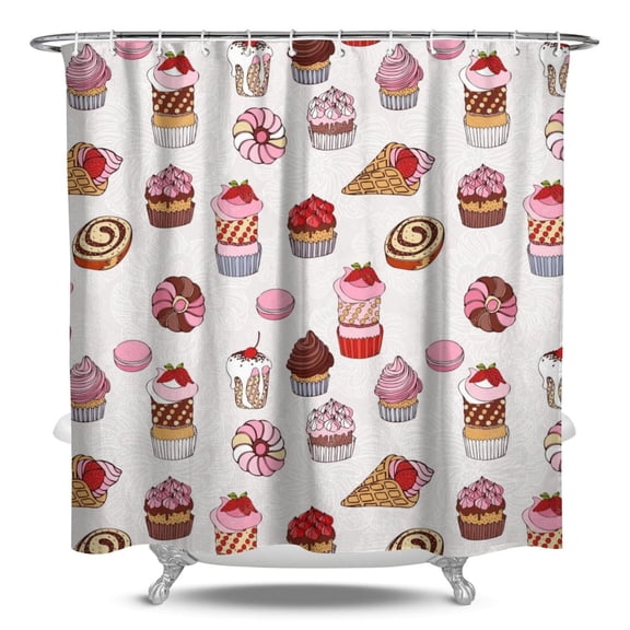 Sweet Treats Shower Curtain - Summer Ice Cream Dessert Food Pattern Colorful Waterproof Bath Curtain, Premium Polyester Fabric with Metal Grommets & 12 Hooks, 84x72 Inches