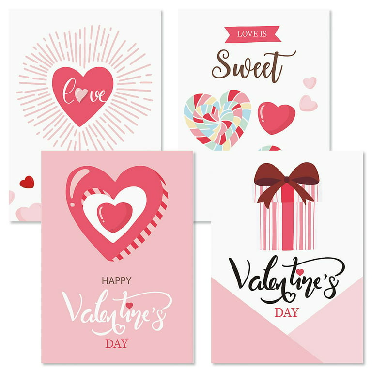 Sweet Valentine's Day Greeting Cards - Set of 12 (4 Different Designs), 5 x  7 inches, Valentine's Day Cards, Envelopes Included