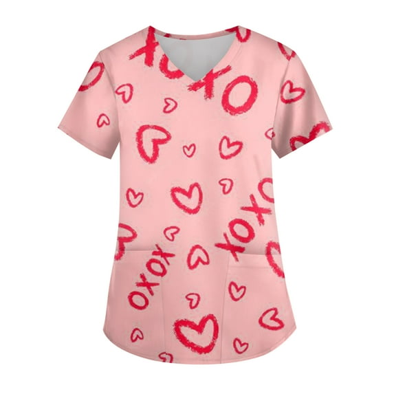 Sweet Valentine's Day Heart Pattern V-Neck Top - Women's Short Sleeve Caregiver Uniform with Pocket, Functional & Stylish Workwear for Care Teams