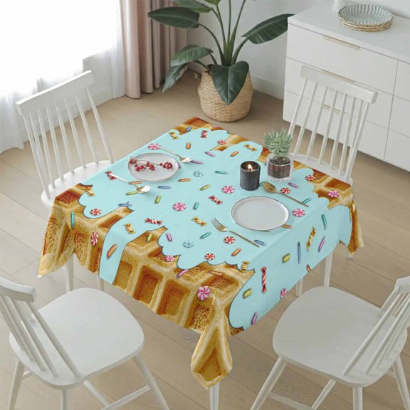 Sweet Waffle Colorful Candy Table Cloth 54x54in, Waterproof Square Tablecloth Wipeable Tablecloths Light Blue Icing Table Covers for Dining Tables Party Indoor Outdoor