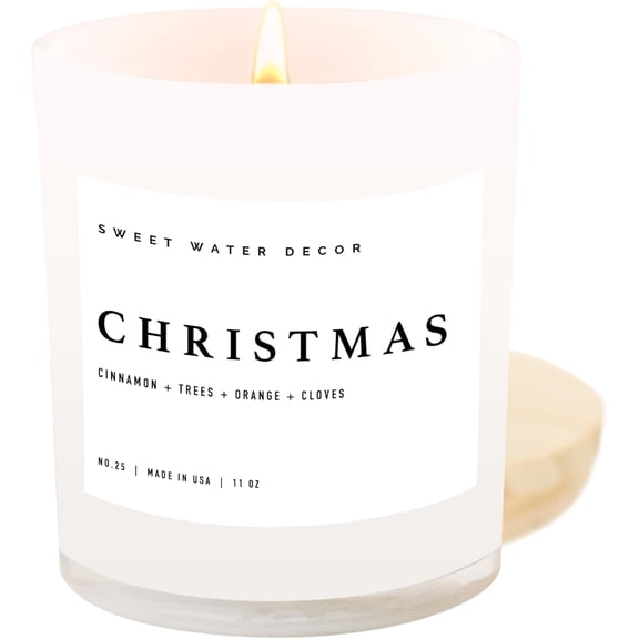 Sweet Water Christmas Candle - Christmas Tree, Cider, and Cinnamon, Winter Holiday Scented Soy Candles for Home - 11oz White Jar, 50+ Hour Burn Time, Made in The