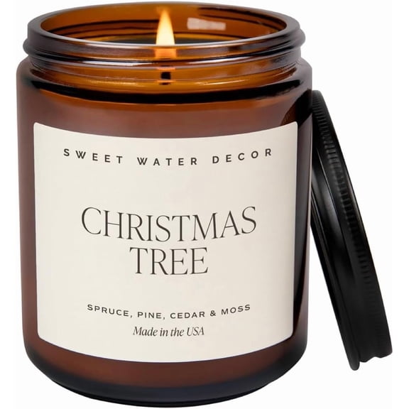 Sweet Water Christmas Tree Candle - Pine Needles, Cedarwood, Cypress, and Soy Holiday for Home - 9oz Amber Jar Candle, 40+ Hour Burn Time, Made in The
