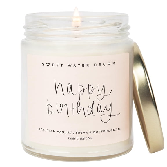 Sweet Water Decor Happy Birthday Soy Candle - Vanilla Sugar & Buttercream Sweet Scented Happy Birthday Candle Gift for Mom, Friends & Girls - 40 Hour Burn Time - 9oz - Non Toxic Y114