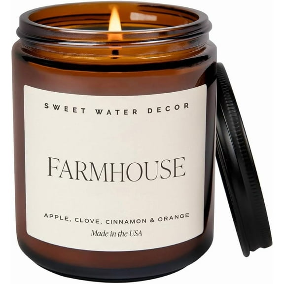 Sweet Water Farmhouse Soy Candle - , Orange, Pumpkin and Clove Scented Fall Candles for Home - 9oz Amber Jar + Black Lid, 40+ Hour Burn Time, Made in The