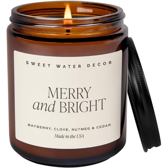 Sweet Water Merry and Bright Candle - Bayberry, Fir, Nutmeg, and Clove Winter Non Toxic Christmas Scented Soy Candles for Home - 9oz Amber Jar, 40 Hour Burn Time, Made in The